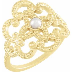 18K Yellow Gold Cultured White Seed Pearl Granulated Ring