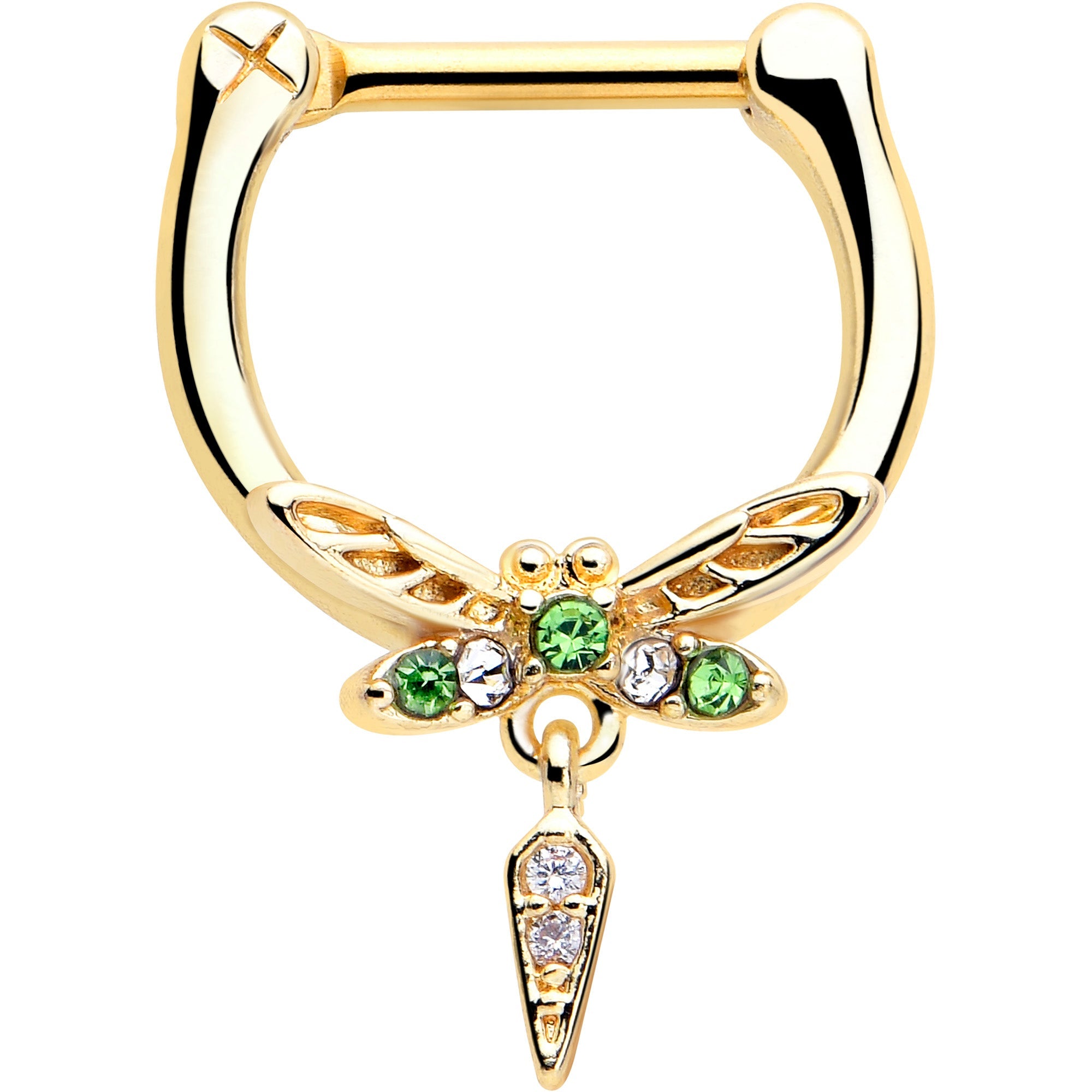 16G 5/16 Green Gem Gold Tone Swank Dragonfly Dangle Cartilage Clicker