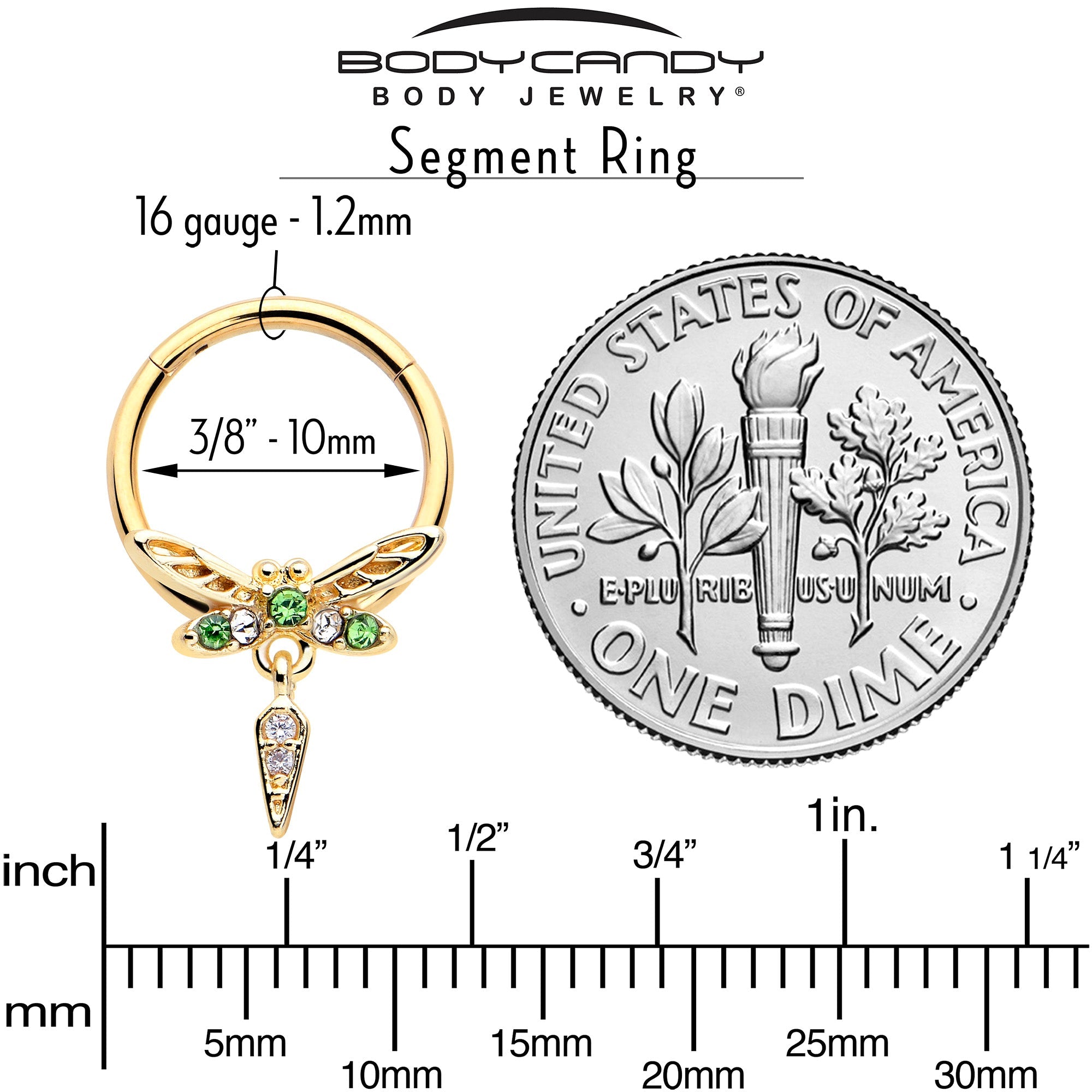 16G 3/8 Green Gem Gold Tone Swank Dragonfly Dangle Hinged Segment Ring