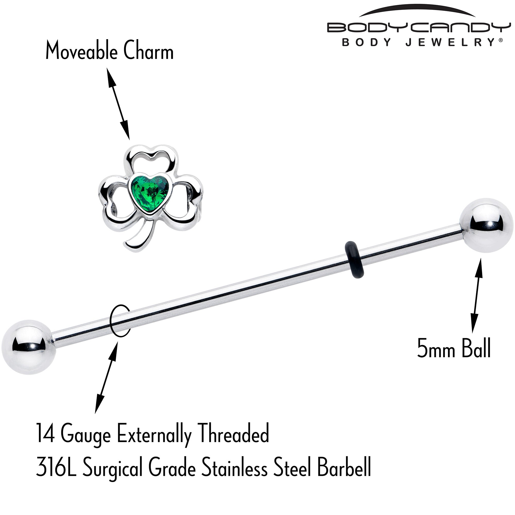 14G Green Gem Heart Shamrock St Patricks Day Industrial Barbell 38mm