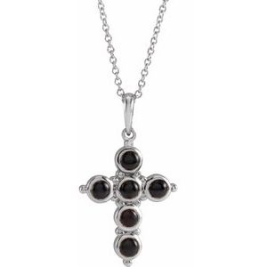 Sterling Silver Natural Black Onyx Cross 16-18" Necklace