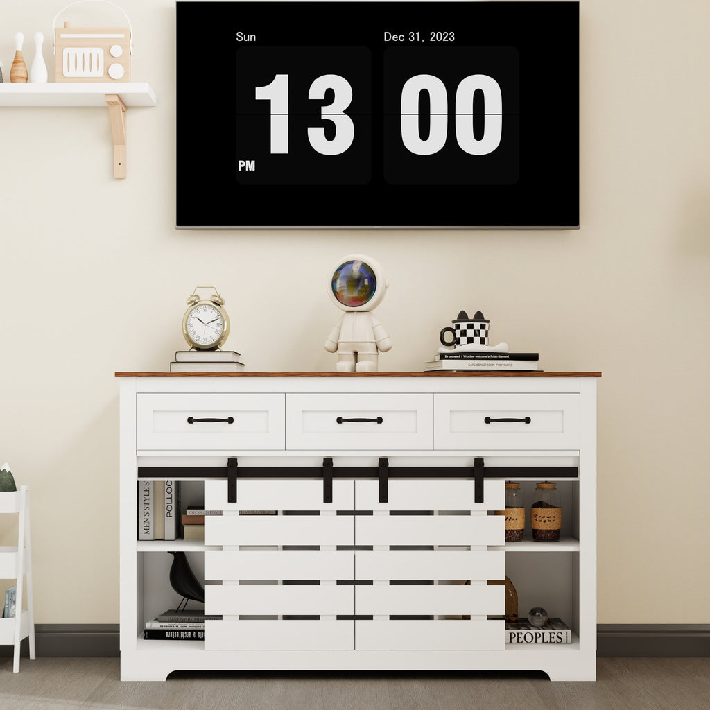 53' Farmhouse Sideboard Buffet Storage Cabinet with 3 Drawers, 2 Sliding Barn Doors, 2 Adjustable Shelves, Coffee Bar Cabinet for Kitchen, Living Room, Dining Room-White