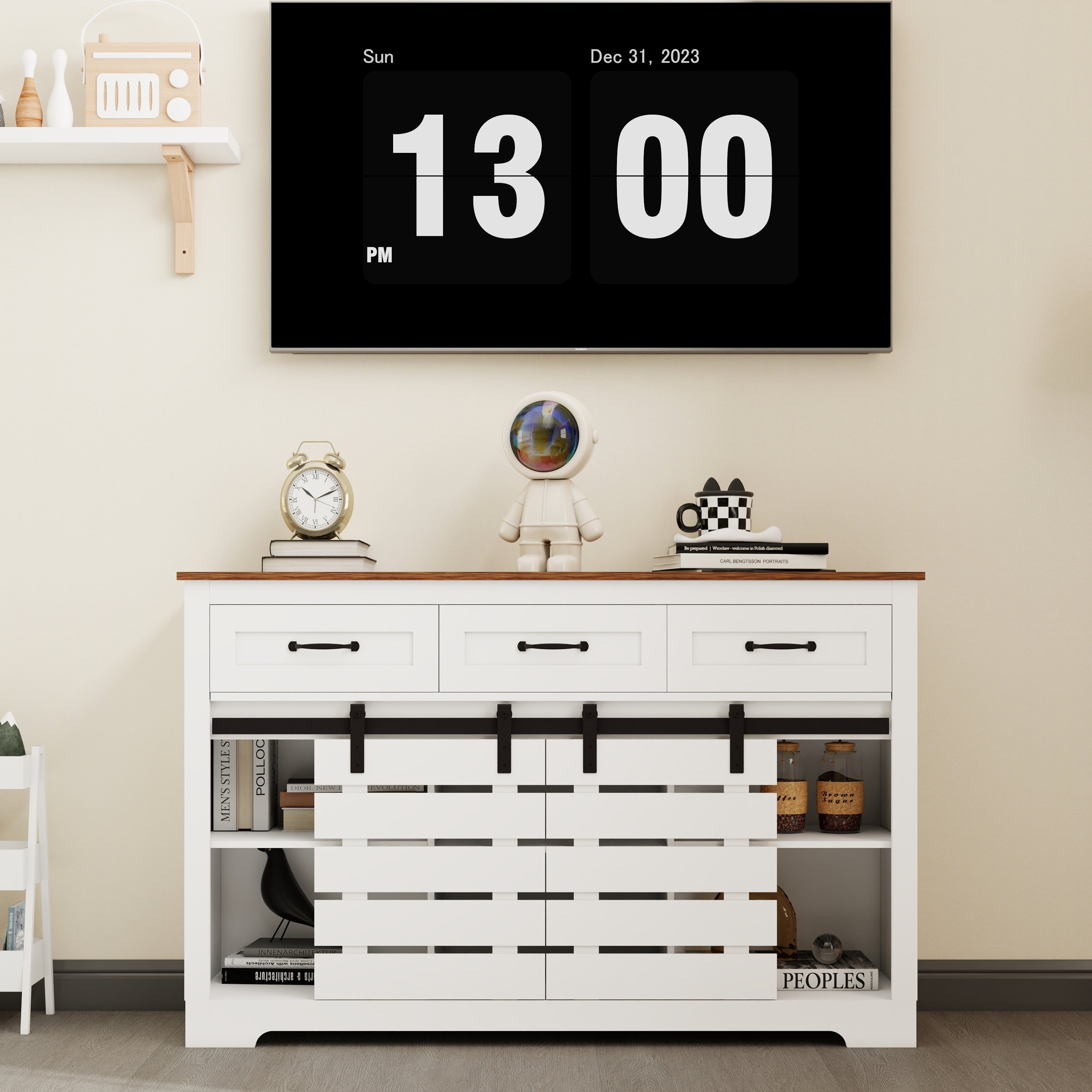 53' Farmhouse Sideboard Buffet Storage Cabinet with 3 Drawers, 2 Sliding Barn Doors, 2 Adjustable Shelves, Coffee Bar Cabinet for Kitchen, Living Room, Dining Room-White