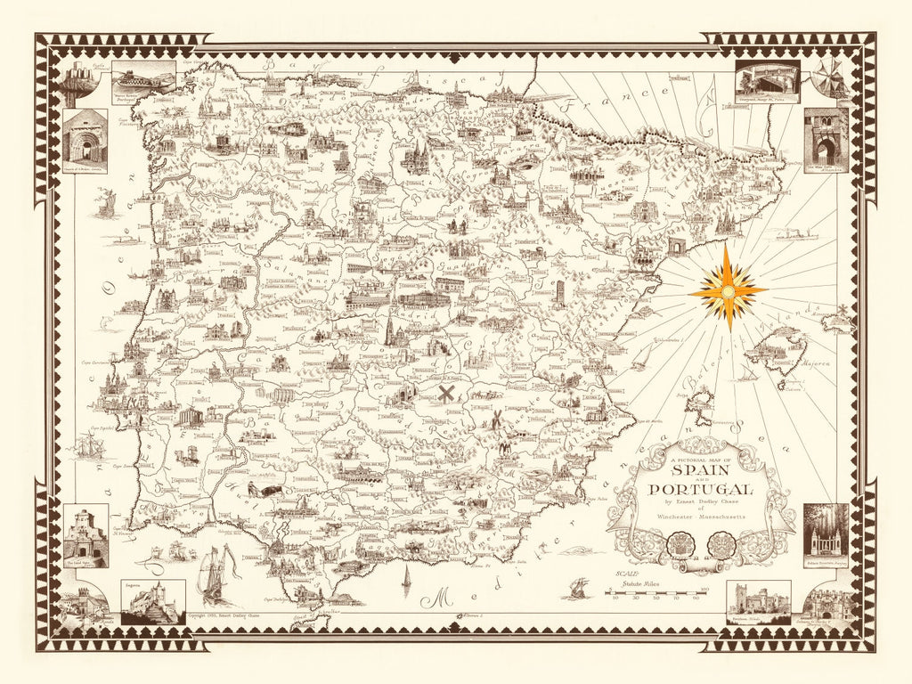 Vintage Pictorial Map of Spain & Portugal, 1935