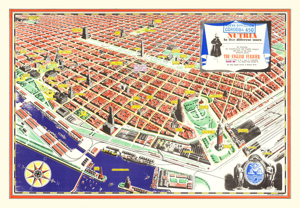 Vintage Map of Buenos Aires, Argentina 1950