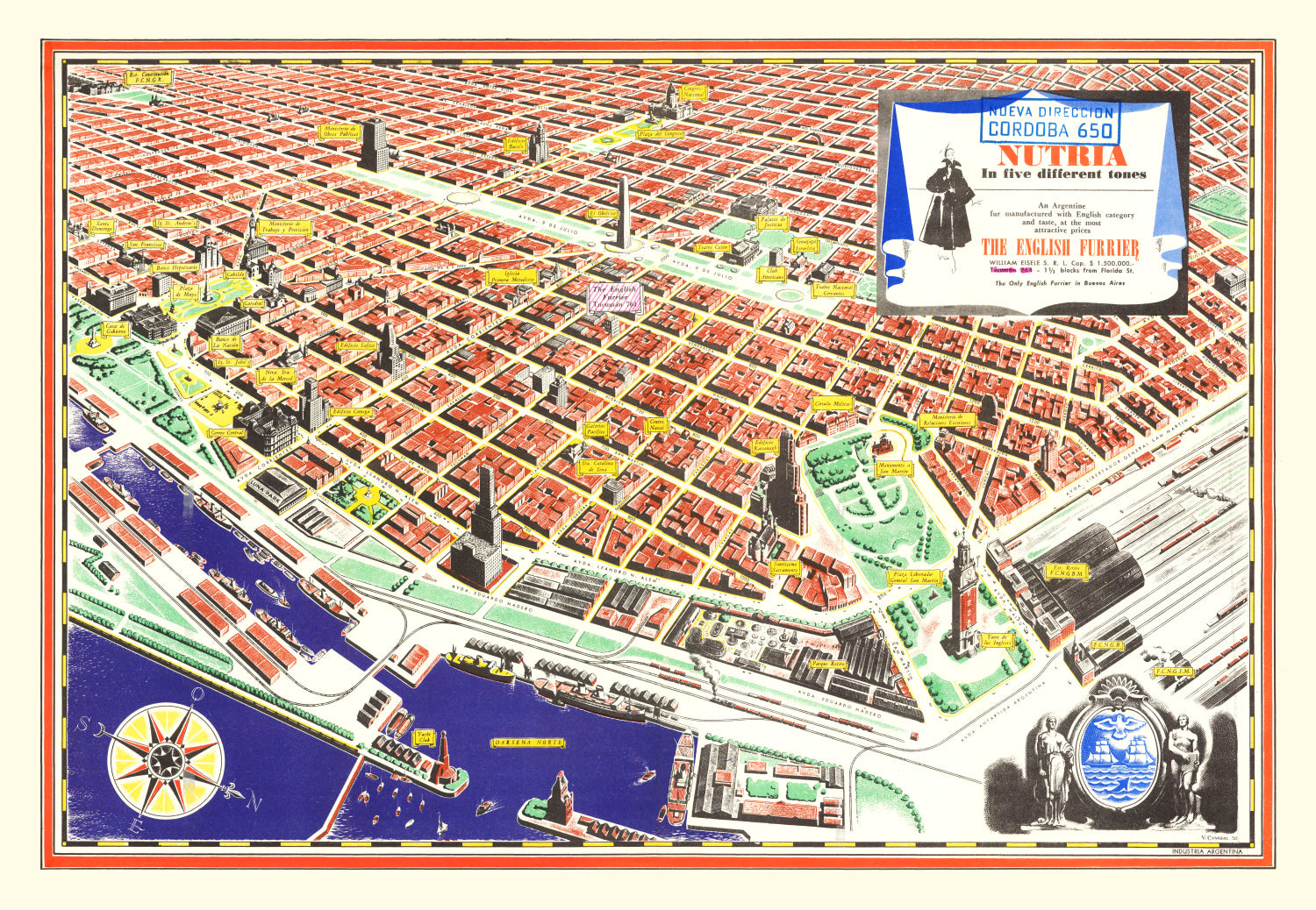 Vintage Map of Buenos Aires, Argentina 1950