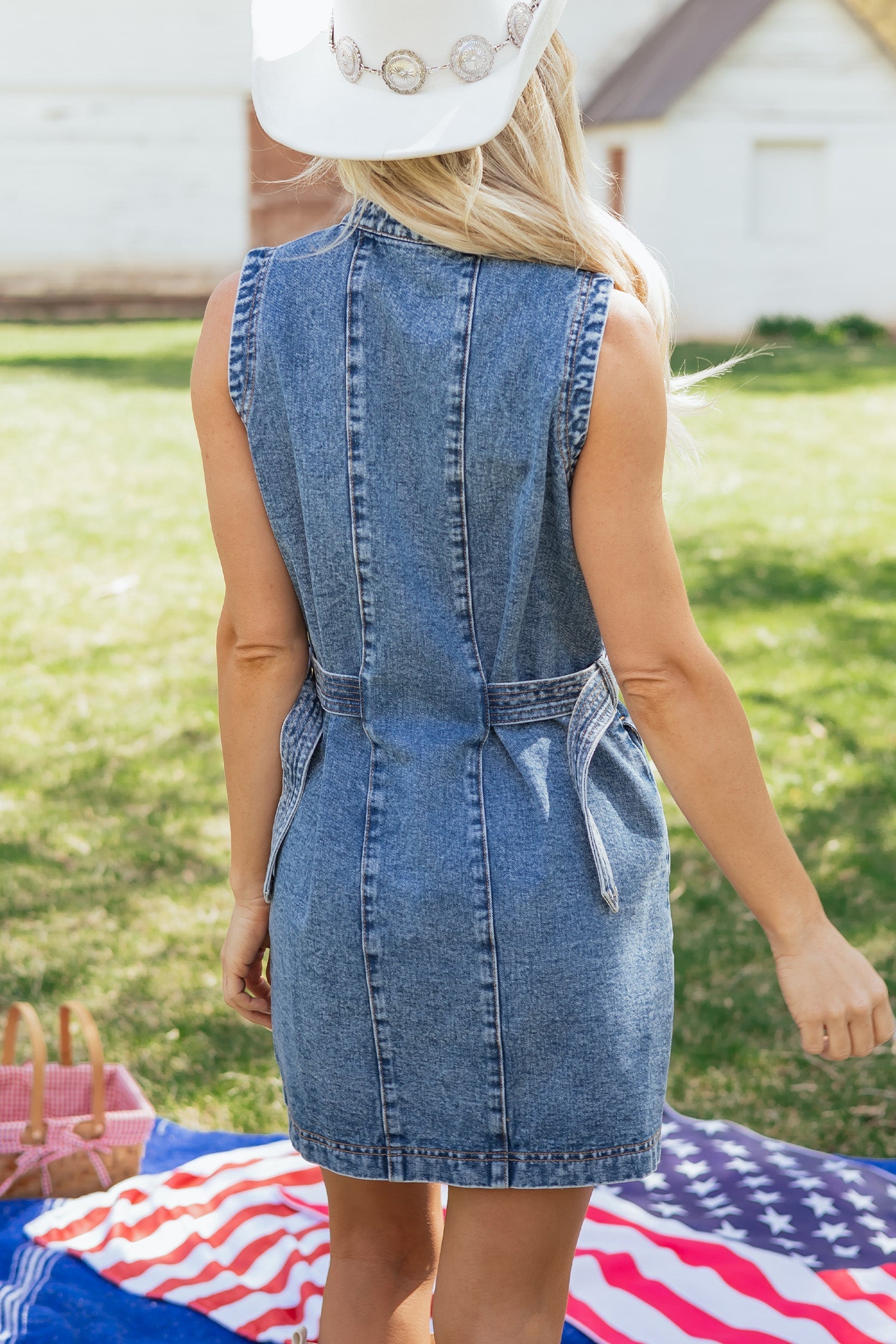 Western Denim Belted Button Down Sleeveless Dress