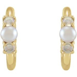 14K Yellow Gold Cultured White Seed Pearl & Natural White Ethiopian Opal Huggie Earrings