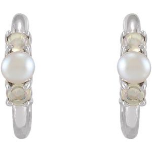 14K White Gold Cultured White Seed Pearl & Natural White Ethiopian Opal Huggie Earrings
