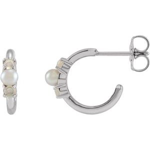 Platinum Cultured White Seed Pearl & Natural White Ethiopian Opal Huggie Earrings