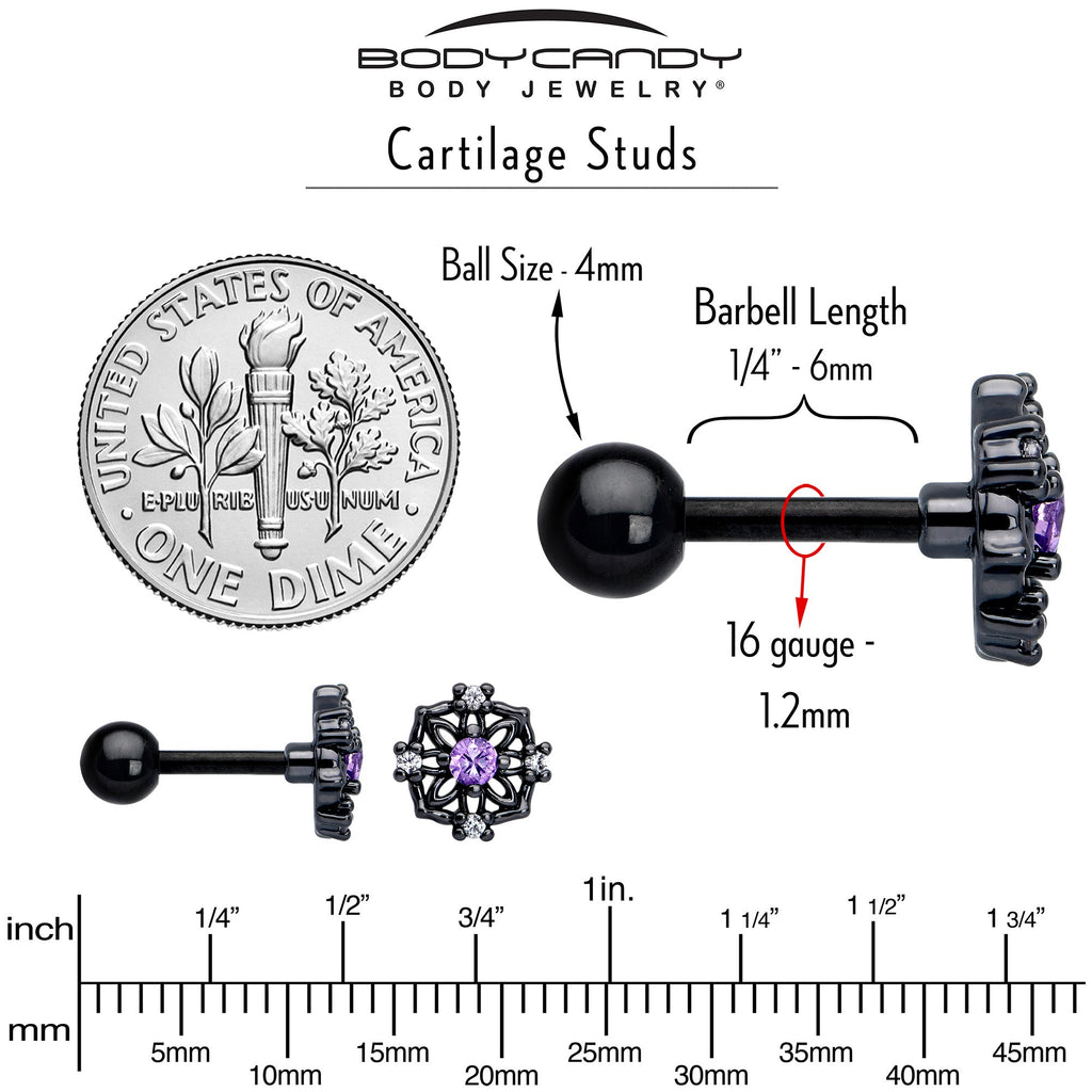 16G 1/4 Purple CZ Gem Black Flower Ring Cartilage Tragus Earring