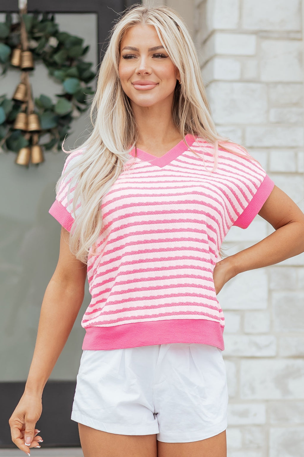 Stripe Textured Knit V-Neck Short Sleeve Top