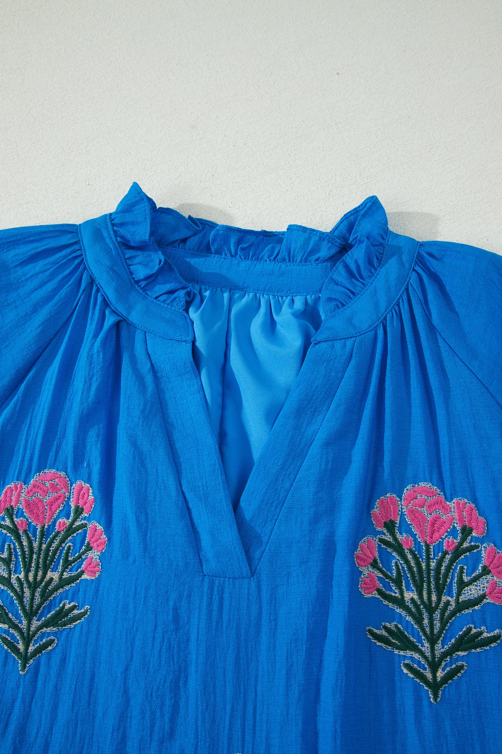 Flower Embroidered Puff Sleeve Ruffle Hem Dress