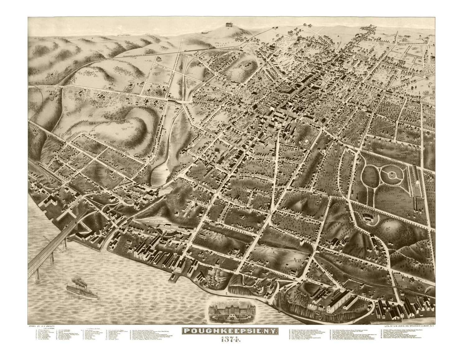 Vintage Map of Poughkeepsie, New York 1874
