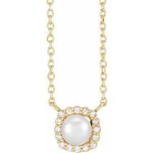 14K Yellow Gold Cultured White Akoya Pearl .06 CTW Natural Diamond Halo-Style 16" Necklace