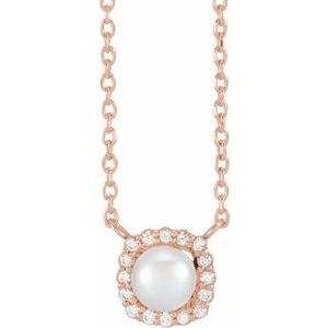 14K Rose Gold Cultured White Akoya Pearl .06 CTW Natural Diamond Halo-Style 18" Necklace
