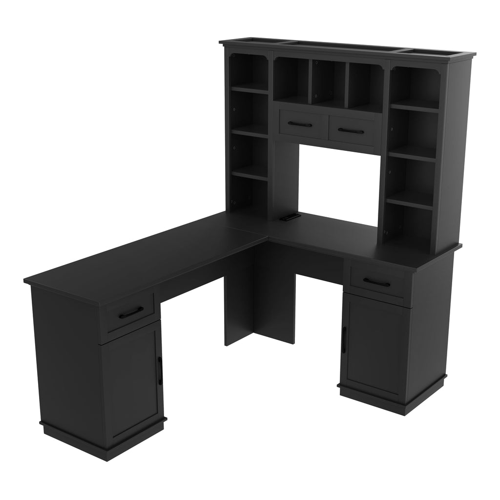 L-shaped computer desk with 2 cabinets and 2 drawers underneath the table, 11 open shelves and a flip-up shelf with storage on the right side, suitable for study, living room and office, Black
