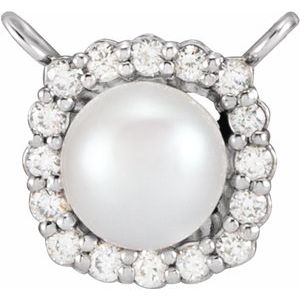 Sterling Silver Cultured White Akoya Pearl .06 CTW Natural Diamond Halo-Style Necklace Center