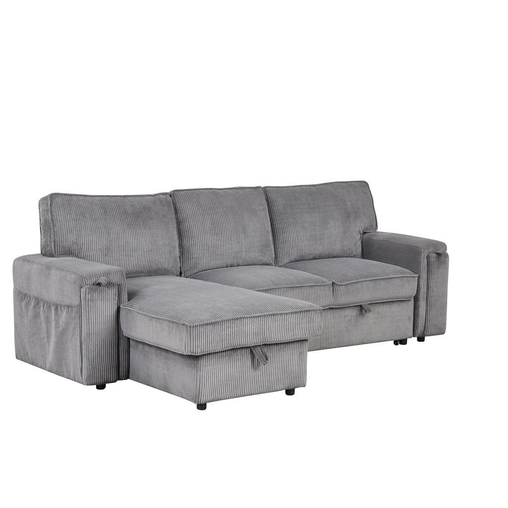 U_STYLE Upholstery Sleeper Sectional Sofa with Storage Bags and 2 cup holders  on Arms