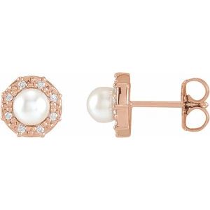 14K Rose Gold Cultured White Akoya Pearl & .07 CTW Natural Diamond Halo-Style Earrings