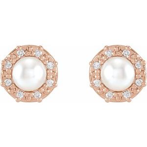 14K Rose Gold Cultured White Akoya Pearl & .07 CTW Natural Diamond Halo-Style Earrings