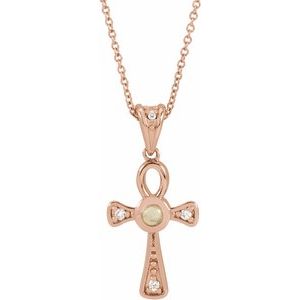 14K Rose Gold Natural White Opal & .04 CTW Natural Diamond Ankh Cross 16-18' Necklace
