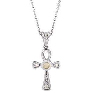 Sterling Silver Natural White Opal & .04 CTW Natural Diamond Ankh Cross 16-18' Necklace