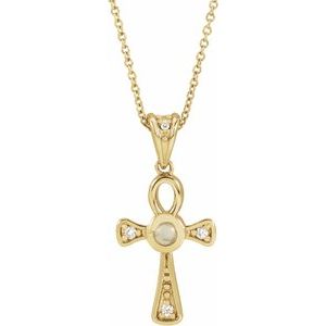 14K Yellow Gold Natural White Opal & .04 CTW Natural Diamond Ankh Cross 16-18' Necklace