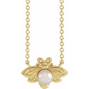 14K Yellow Gold Cultured White Akoya Pearl Bee 18" Necklace