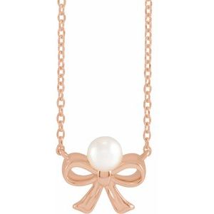 14K Rose Gold Cultured White Akoya Pearl Bow 18" Necklace