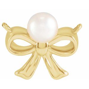 14K Yellow Gold Cultured White Akoya Pearl Bow Necklace Center