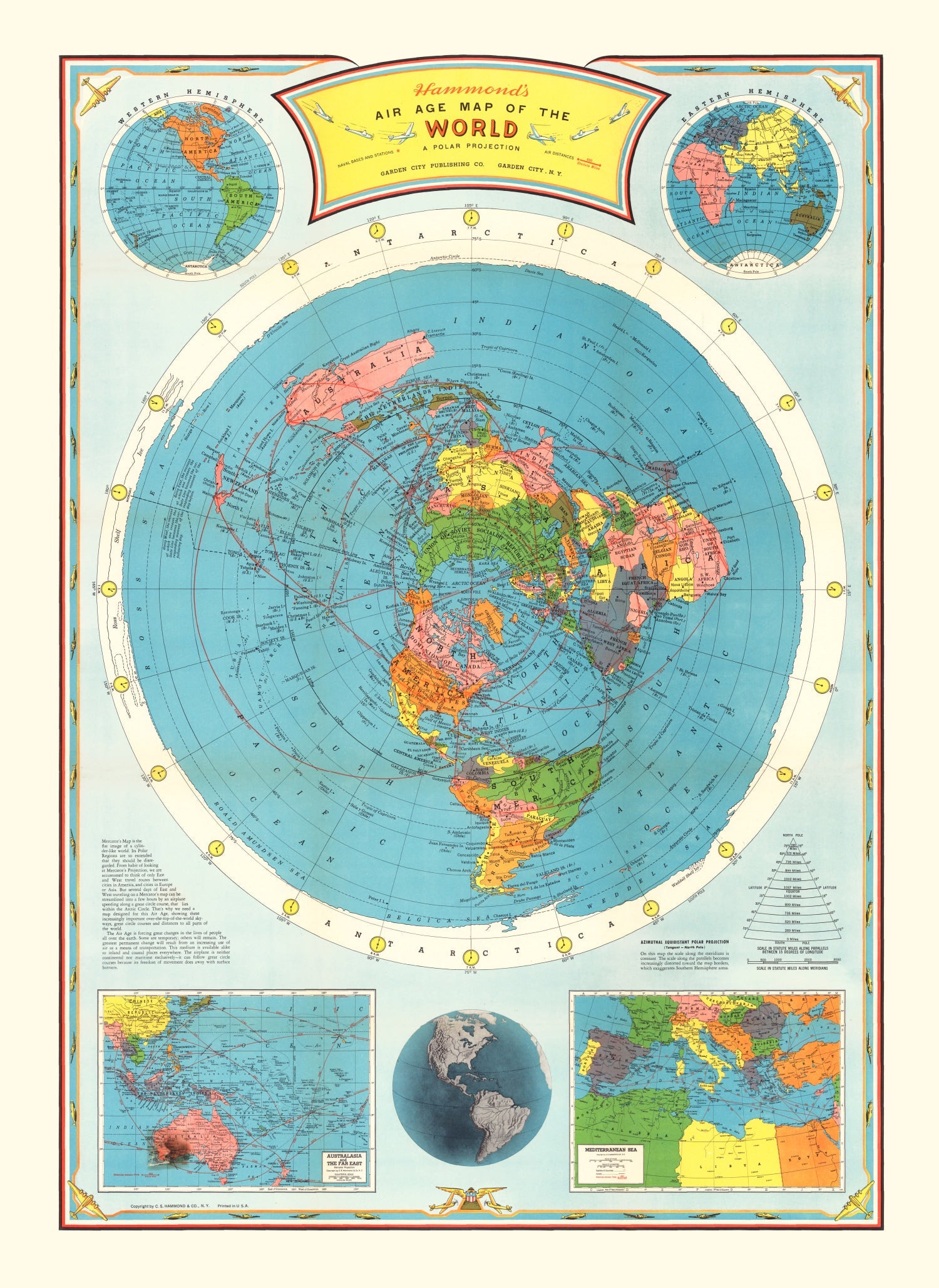 Vintage Air Age Map of The World 1946
