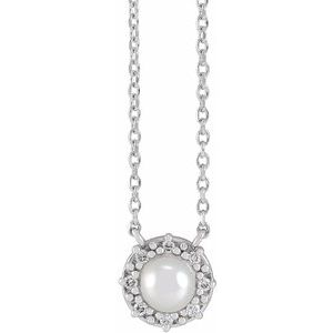 Sterling Silver Cultured Akoya Pearl & .03 CTW Natural Diamond Halo-Style 16" Necklace