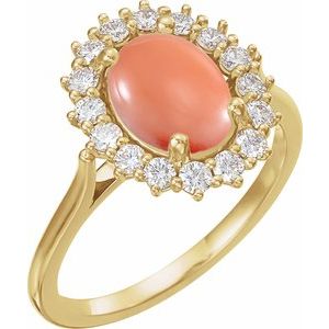 14K Yellow Gold Natural Pink Coral & 1/5 CTW Natural Diamond Ring