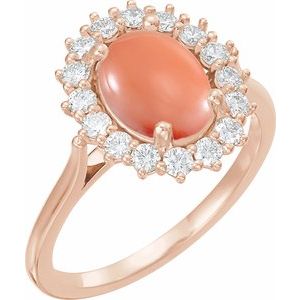 14K Rose Gold Natural Pink Coral & 1/5 CTW Natural Diamond Ring
