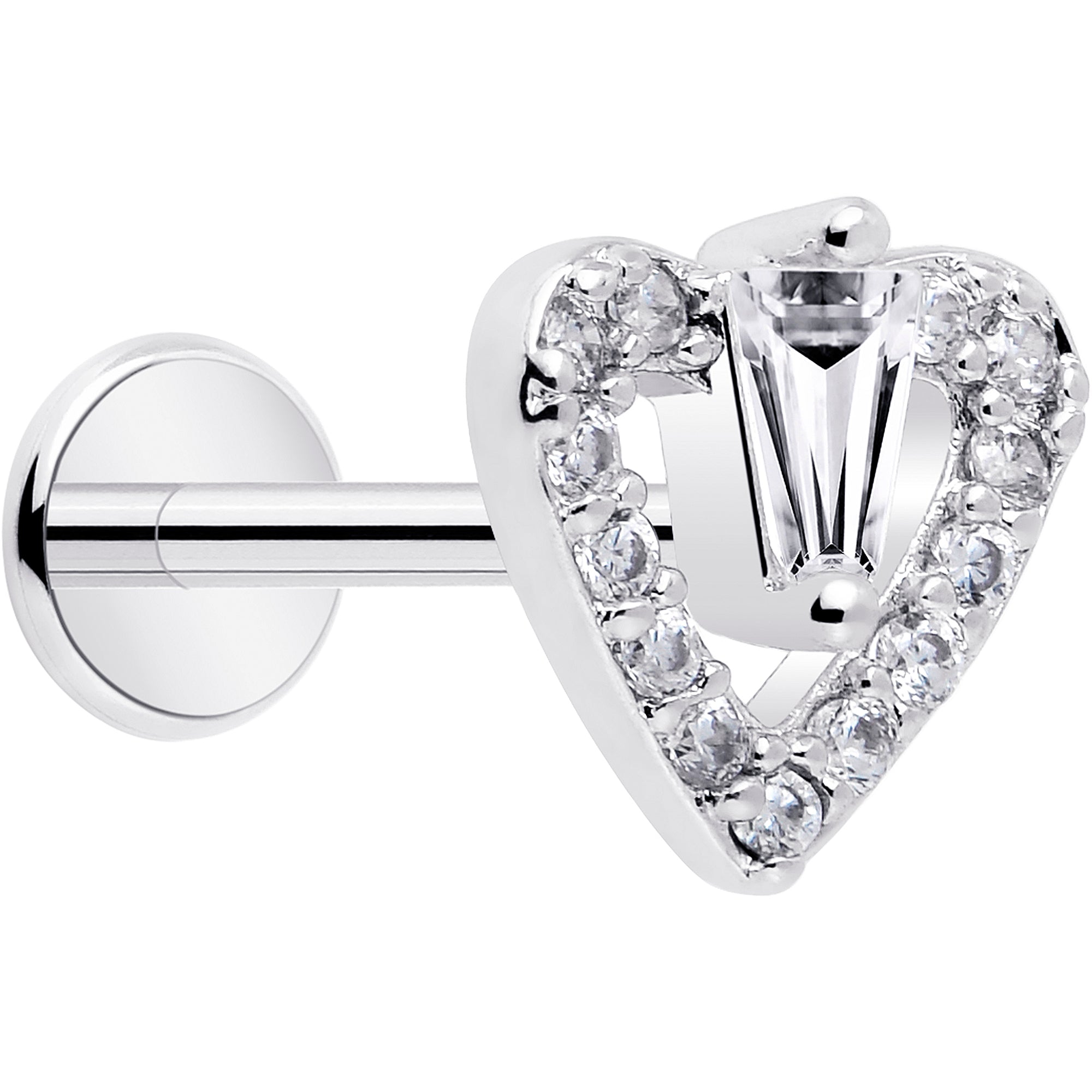18G 5/16 CZ Gem Heart Threadless Push In Labret Monroe Tragus
