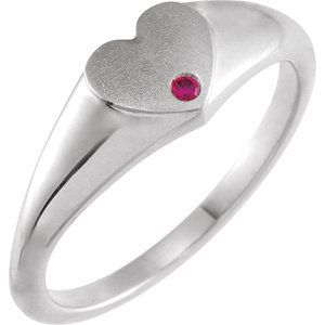 14K White Gold Natural Ruby Heart Signet Ring