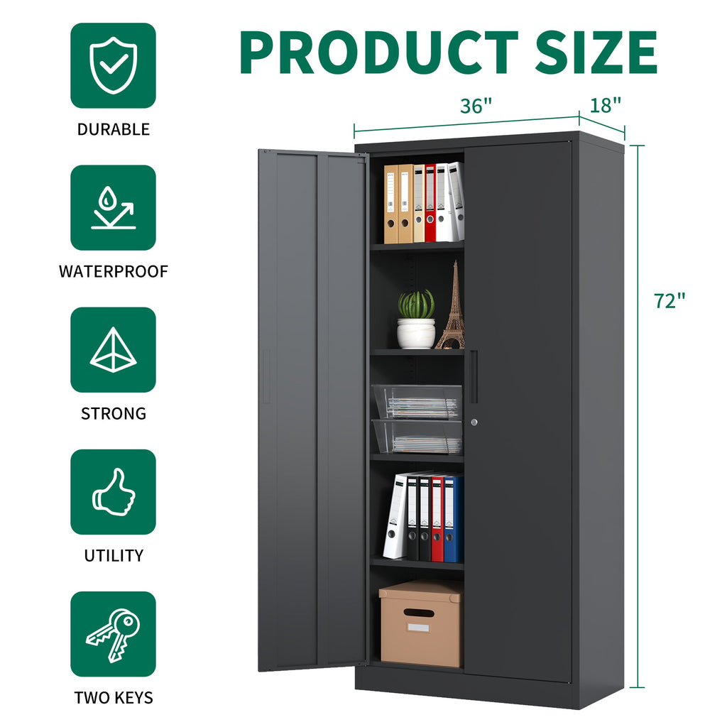 Heavy Metal 72'H Garage Storage Cabinet with Locking Doors, Black Steel, Adjustable Shelves