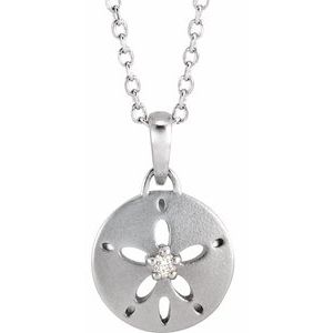 14K White Gold .015 CT Natural Diamond Sand Dollar 16-18" Necklace