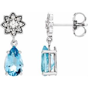 14K White Gold Aquamarine & 1/6 CTW Diamond Cluster Earrings