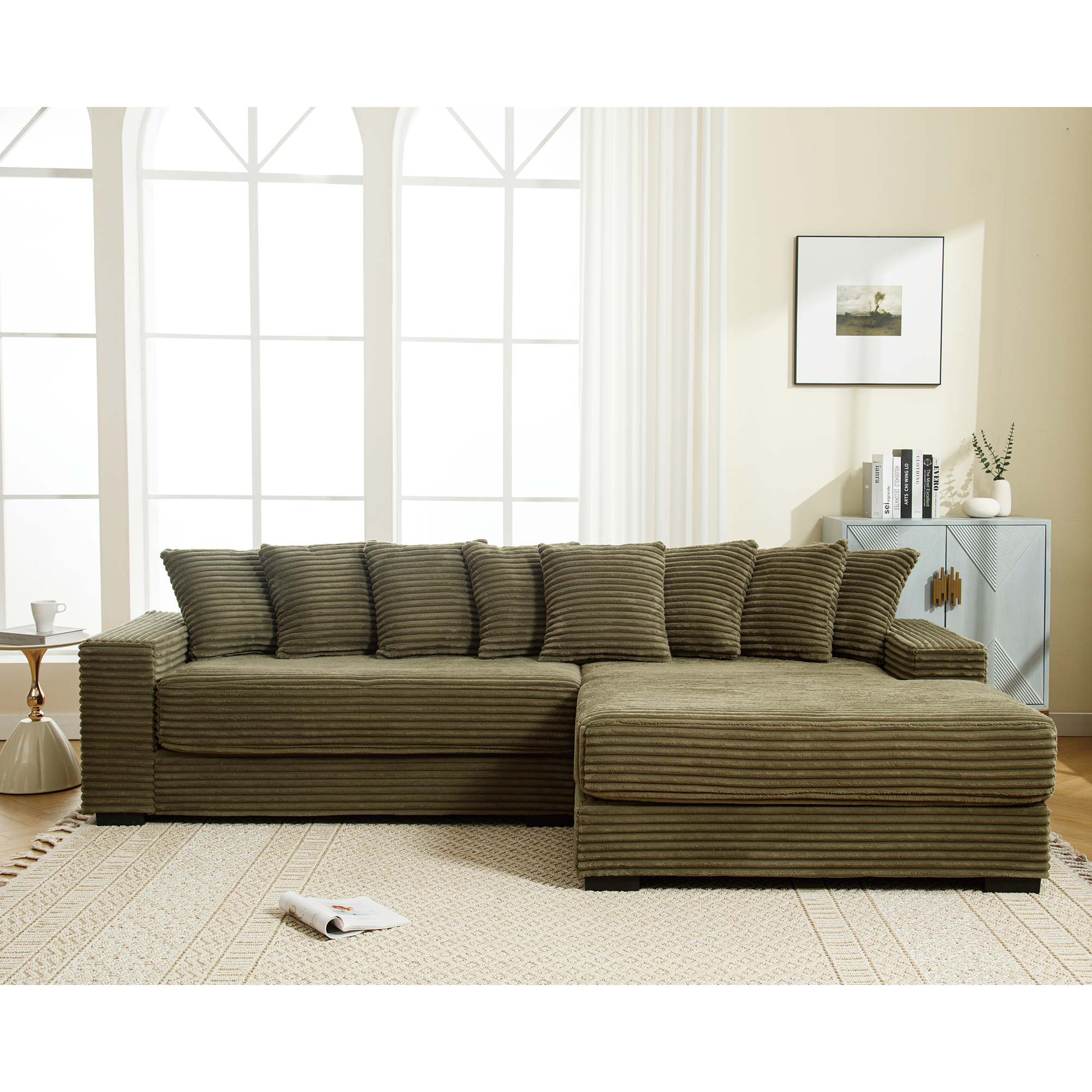 [NEW ARRIVED] [VIDEO PROVIDED] Oversized Two-Piece Couches, L Shaped Sofa, Corduroy, Right Chaise Daybed,with Armrests,Eight Throw Pillows,Corner Sofa,Easy To Assemble, Green