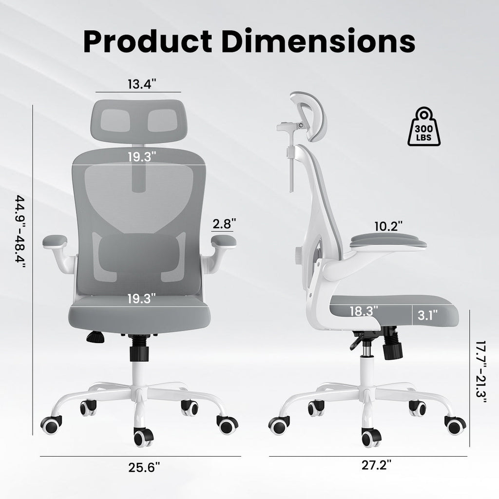 Ergonomic Office Chair, Home Office Desk Chair with Headrest, High Back Computer Chair with Armrests and Adjustable Lumbar Support for Home Office Study Room, White & Gray