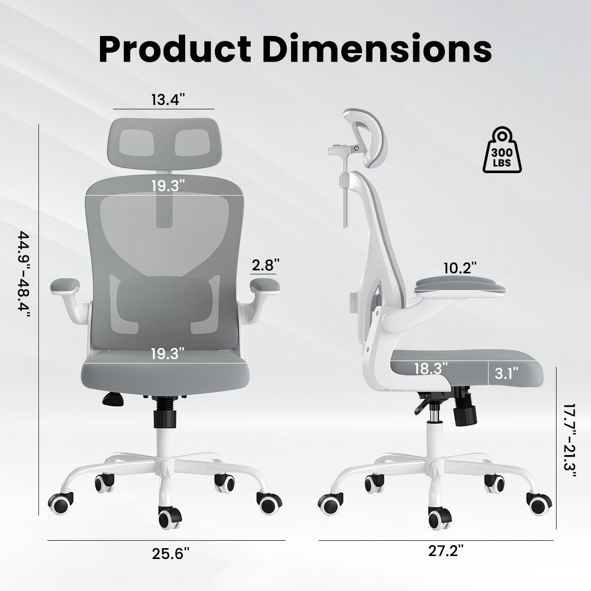 Ergonomic Office Chair, Home Office Desk Chair with Headrest, High Back Computer Chair with Armrests and Adjustable Lumbar Support for Home Office Study Room, White & Gray