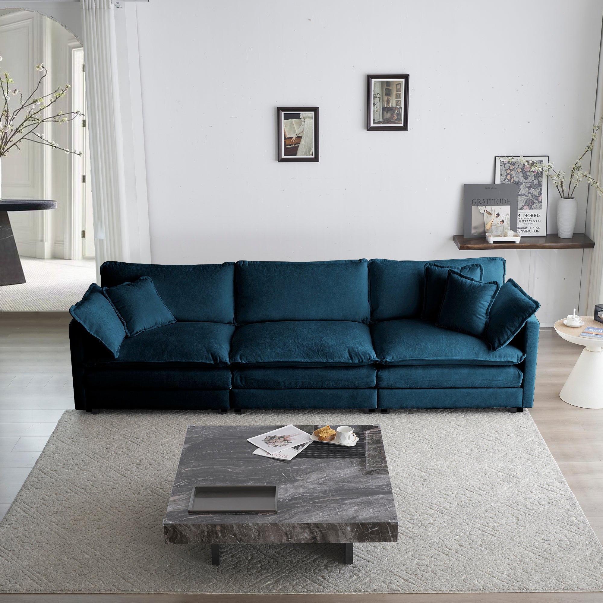 Sofa Set of 3, 1+1+3 Seats Living Room Sofa Set, Accent Chair, Loveseat, and Three-Seat Sofa Modern Style Round Arms 3 Piece Sofa Set, Blue