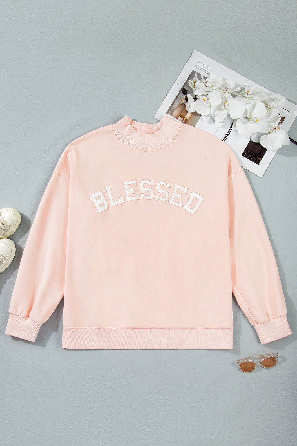 Plus Size BLESSED Embroidered Patch Mock Neck Sweatshirt