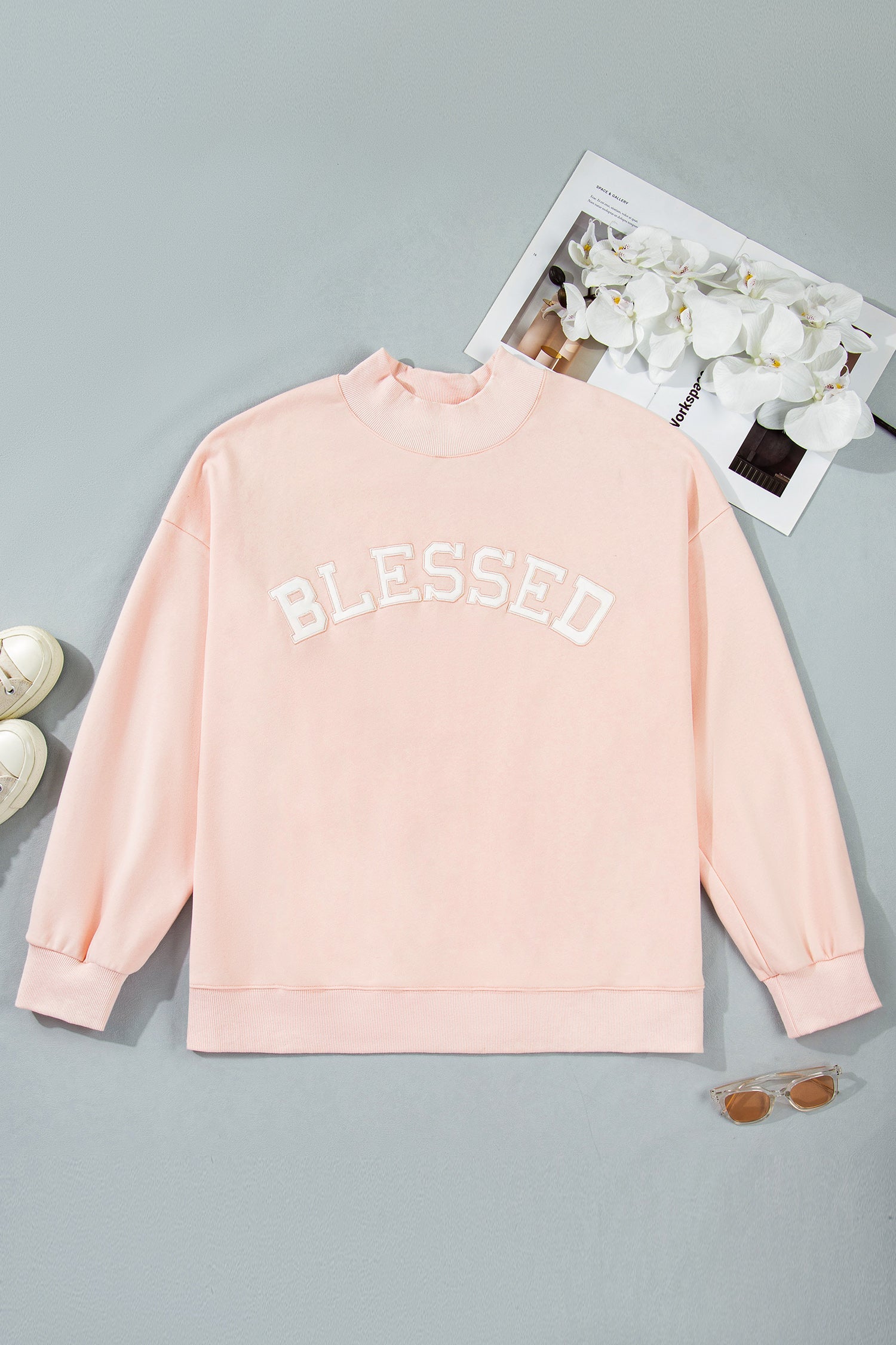 Plus Size BLESSED Embroidered Patch Mock Neck Sweatshirt