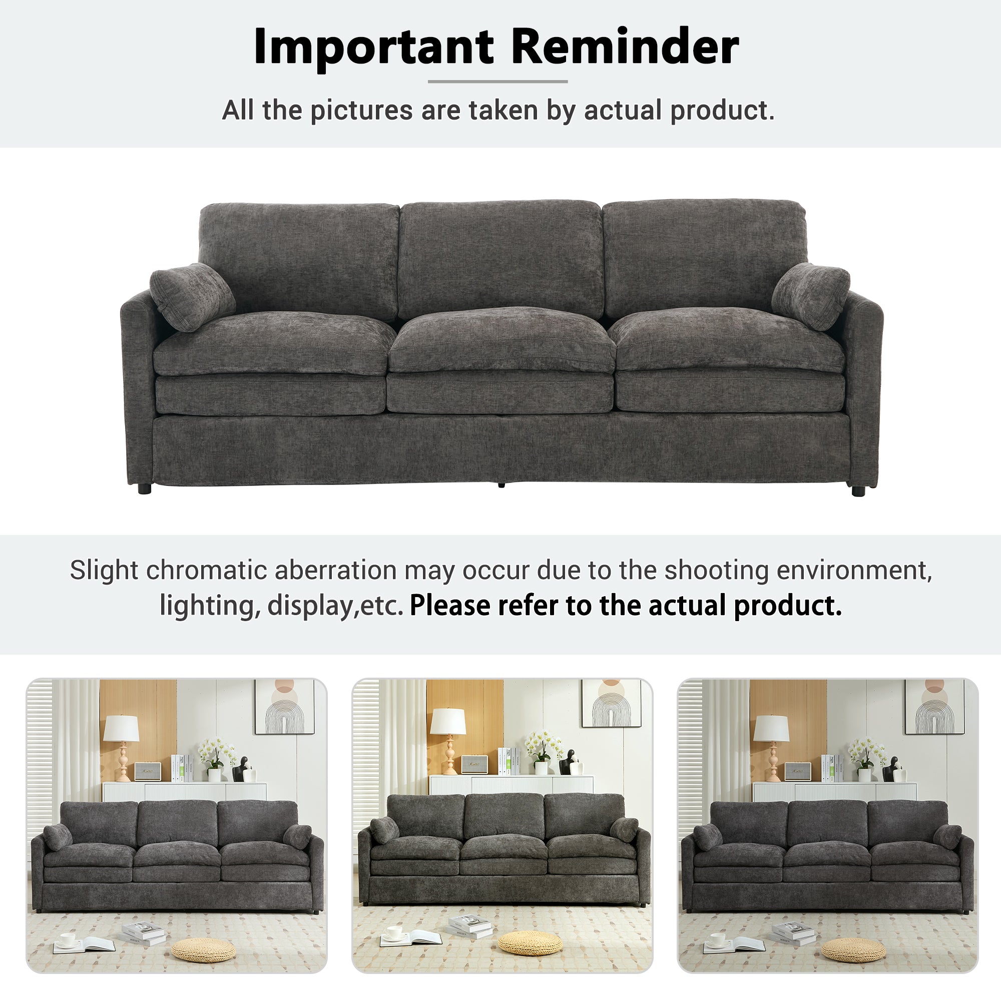 Cozy Upholstered Oversized 3-Seater Cloud Sofa with Double Cushion in Grey Chenille