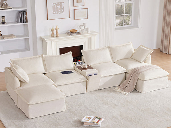 [VIDEO+NEW]131'' Modular Sectional Sofa with Movable Ottoman and Console,Cup Holder,Wide Seat,6 Seat U Shaped Couch,Oversized Chenille Sofa with USB Charger for Living Room,Apartment,2 Colors
