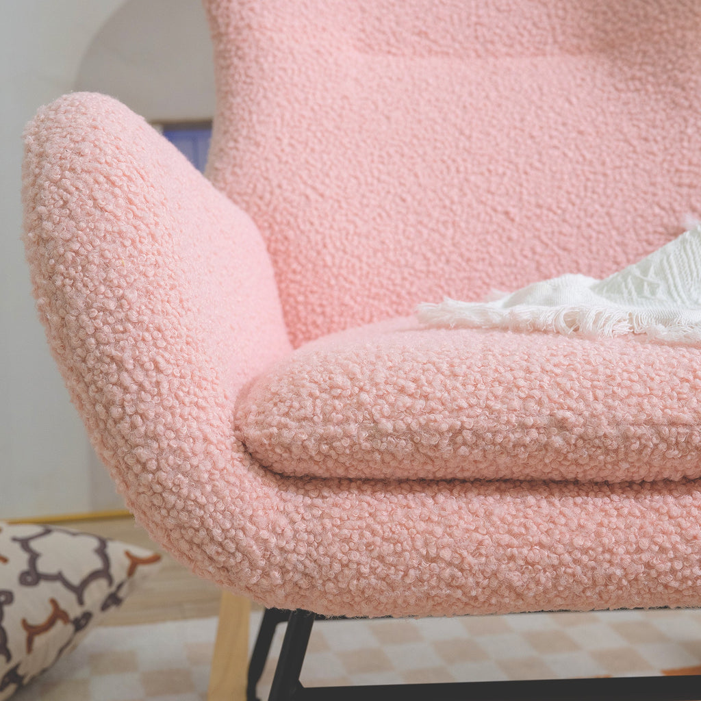 Rocking Chair Nursery, Teddy Upholstered Rocker Glider Chair with High Backrest, Adjustable Headrest & Pocket, Comfy Glider Chair for Nursery, Bedroom, Living Room, Offices, Rubber wood, pink
