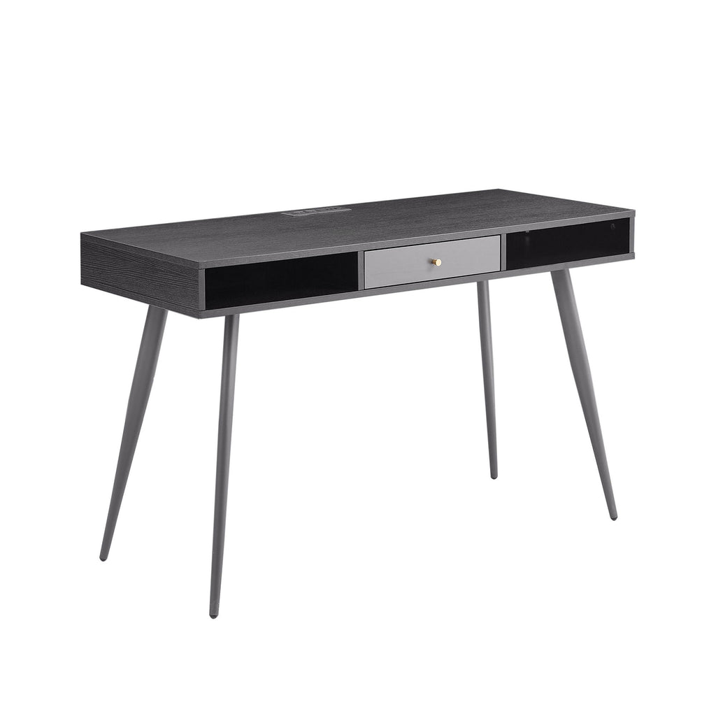 Mid Century Desk with USB Ports and Power Outlet, Modern Writing Study Desk with Drawers, Multifunctional Home Office Computer Desk Black